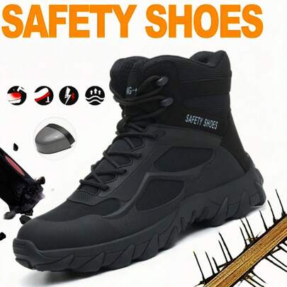 Botas de trabajo para hombres, zapatos de trabajo para hombres, botas de trabajo, botas al aire libre, botas industriales, a prueba de golpes y punción, a prueba de agua PU superior, superior fácil de limpiar, dientes profundos suela de goma antideslizante, resistente al desgaste y al desgaste, alto protector de tobillo superior, diseño de agujeros respirables, transpirable y no soplan los pies