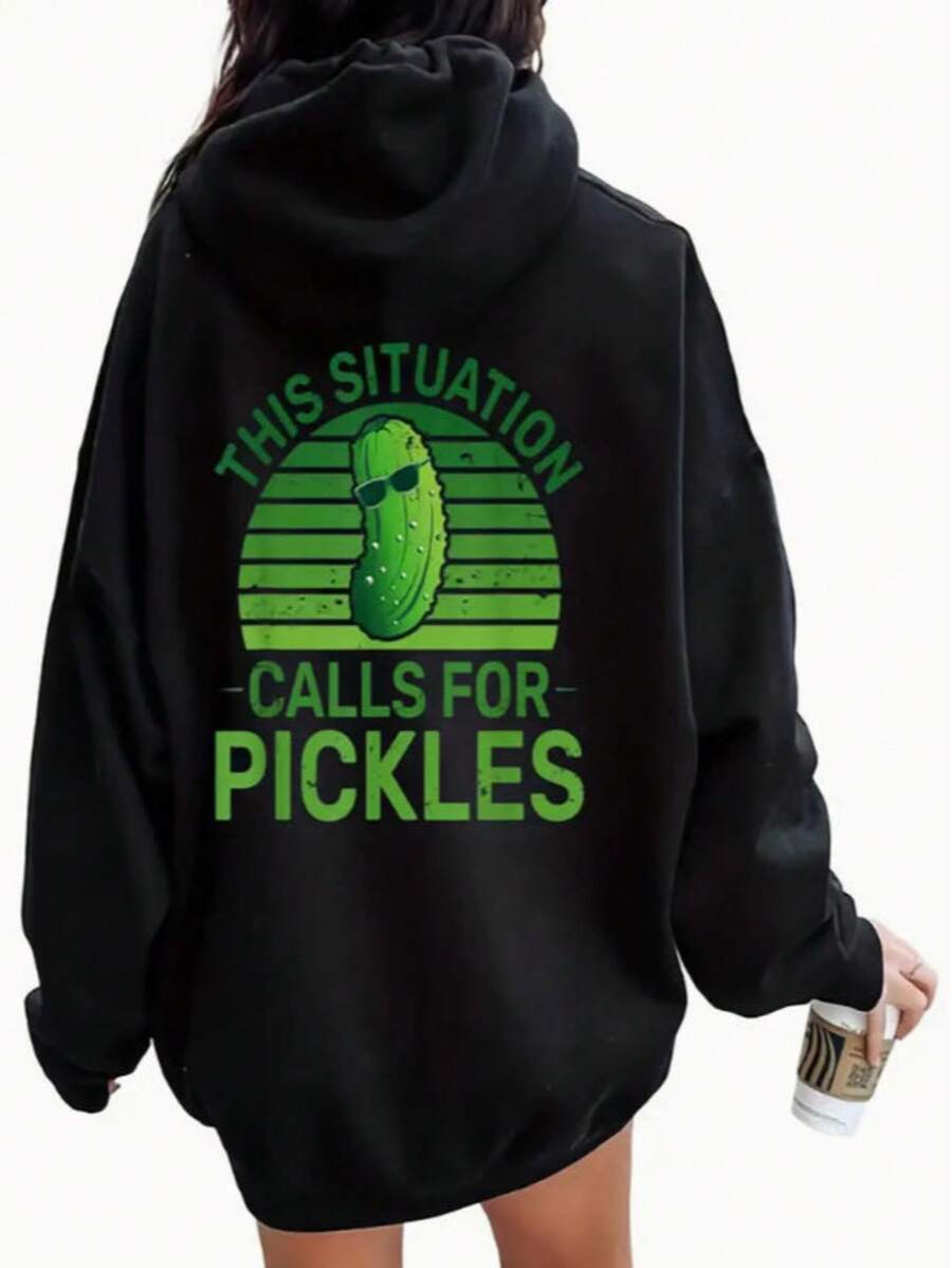 "This Situation Calls For Angels" Sunglasses Cucumber Print Fashion Hooded Sweatshirt For Women, Back Print, Comfortable And Soft Fabric, High-Quality Women's Hooded Sweatshirt, Fashionable, Casual, Versatile And Durable - Black - View 1