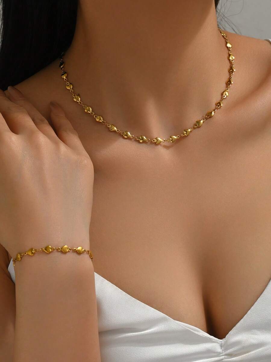 1 Set Minimalist Romantic Heart Design Stainless Steel Women's Jewelry Set, Smooth Bubble Heart Necklace & Bracelet Set, Couple Jewelry, Suitable For Daily Wear, Wedding, Formal Occasions, Jewelry Gift Set