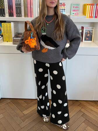 Estilo vívido de moda retro para mujer, lunares simples, colores sueltos y mezclados, estilo de viaje urbano, suéter lindo y pantalones largos, Navidad, suéter navideño, Año Nuevo, ropa de Año Nuevo, conjunto de Año Nuevo