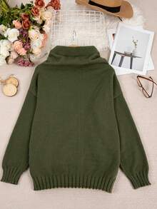 Casual Loose High Neck Drawstring Knit Pullover - Army Green - View 5