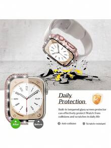 1pc Unisex Shiny Rhinestone Decorated Fashionable Scratch-Resistant 2-In-1 Ultra-Thin Tempered Glass Screen Protector & Watch Case, Compatible With Apple Watch 38/40/41/42/44/45/46/49mm, Suitable For Apple Watch Series Ultra/SE/11/10/9/8/7/6/5/4/3/2/1, Smart Watch Accessory - Rose Pink - View 6