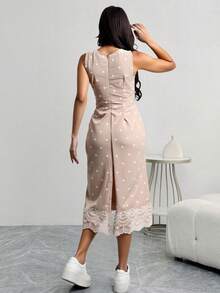 Vestido casual bordado floral elegante corte regular cuello redondo sin mangas verano para fiesta - Caqui - Ver 3