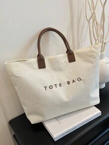 新款秋冬大容量字母装饰灯芯绒手提包，多功能通勤双提手手提包，适合女性工作通勤、购物、海滩度假等场合 - 白色 - 查看 3