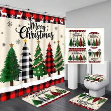 1 Stück/4 Stücke fröhliche Weihnachten bunte Weihnachtsbaum Muster multifunktionale wasserdichte Duschvorhang mit 12 Haken, rutschfeste Badezimmermatte, U-förmige Bodenmatte und runde Toilettendeckelabdeckung, Badezimmer-Set für alle Situationen