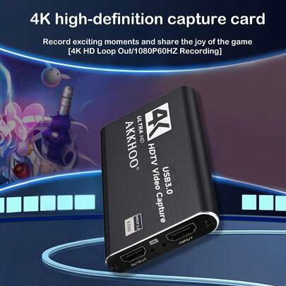 Esta tarjeta de captura integra funciones de captura de audio y video, equipada con un micrófono, admite salida de bucle HDTV 4K, puede grabar video 1080p 60fps, es adecuada para juegos, transmisión en vivo, videoconferencia, así como Switch, PS, OBS, cámaras y PC. (Antes de comprar, asegúrese de que las especificaciones de su dispositivo admitan conexión de TV de alta definición.)