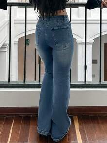 Valentine's Day Women Bootcut Jeans Flare Jeans Mid-High Waisted Stretchy Straight Leg Jeans Seamed Front Loose Denim Pants Spring Clothes - Màu xanh cổ điển - Xem 3
