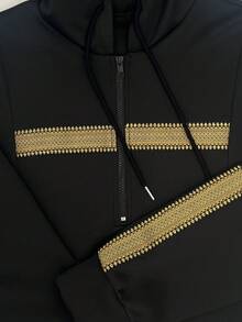 Men's Robe Side Split Kaftan Cotton Long Gown Thobe,Modern Islamic Men's Long Thobe Kamees,Islamic Men's Hooded Long Gown,Spliced Low-Key Golden Webbing,A Classy Yet Casual Design - Black - View 7