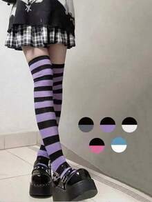 1双女士条纹过膝袜，时尚彩色条纹，及膝袜，长袜，女童袜，派对袜，舞蹈袜，朋克风，摇滚风，日常穿着，舒适袜 - 彩色 - 查看 7