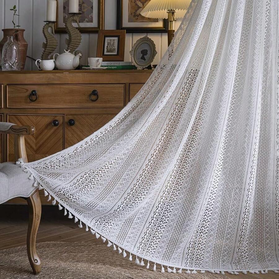 Sutuo Home Cream White Crochet Boho Curtain 84 Inches Length, Sheer Lace Handmade Tassels Knitted Window Treatment Vintage Rustic Bohemian Farmhouse Drape For Bedroom Rod Pocket 1 Panel 59" W X 84" L - 白色鉤針編織59寬x84公升1包 - 查看 1