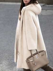 Chaqueta casual de piel sintética con bolsillos y cordón para mujer, de unicolor, de felpa, elegante y de moda para otoño/invierno