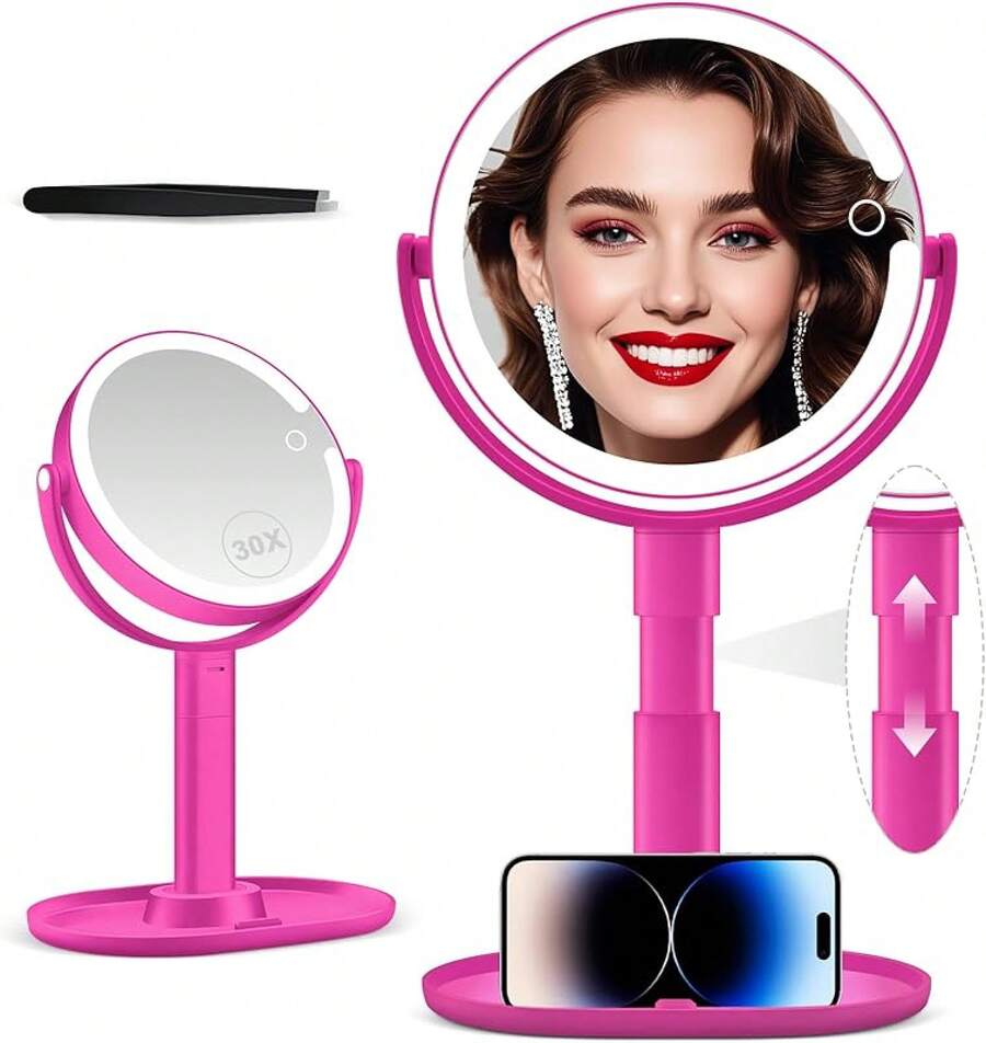 Espejo de maquillaje con luces, espejo de aumento 30X con luz e interruptoráctil, espejo de tocador con luz de 3 colores y 80 LEDs, espejo de escritorio ajustable en altura con luces, blanco - Rosa Fucsia - Ver 1