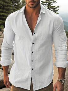 1 pieza Camisa de botones de lino transpirable para hombres, estilo casual elegante adecuado para uso diario, viajes a la playa, cafeterías al aire libre, excursiones de fin de semana y días laborales casuales, otoño