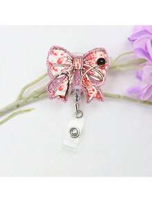 1pc Pink Glitter Floral Printed Bow Stethoscope Needle Tube Shaped Acrylic Retractable Badge Reel With Clip ID Badge Holder Badge Reel Gift For RN LPN CNA Nurse Doctor Assistant Medical Staff