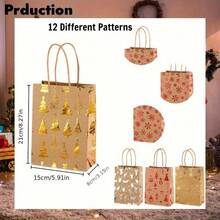 12/24 件圣诞主题礼品袋，12 种什锦图案套装，烫金和压花工艺品，卡通圣诞树、驯鹿、雪花图案，牛皮纸包装，圣诞派对用品