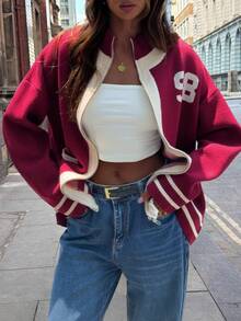 GLOpass Women's Autumn/Winter Striped Contrast Color Double-Zipper Cardigan Sweater, Youthful Knitted Baseball Jacket, Long Sleeve Casual Loose Fit College Style Top With Pockets