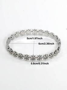 Fashionable Stainless Steel Daisy Zirconia Bangle, Suitable For Women's Party, Daily Wear, Classic Floral Design Wrist Jewelry Gift - Steel - View 3