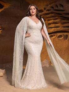 Faeriesty Haute Glamour Plus Elegancka Suknia Syrena z Koralikami, Dekoltem w Serek i Rękawami Do Podłogi - Luksusowa Formalna Suknia na Jesień Zimę Na Czerwony Dywan, Śluby I Gale, Strój Noworoczny - Szampan - Zobacz 8