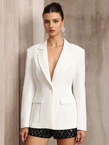 女士翻领撞色蕾丝露背系带假口袋修身派对西装外套，优雅时尚的设计适合各种派对和婚礼，非常适合办公室穿着和社交活动 - 白色 - 查看 3
