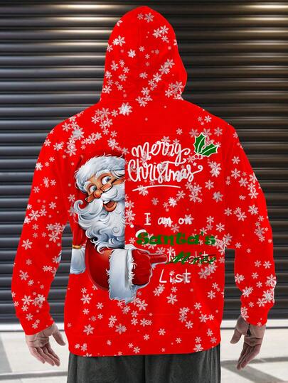 Plus Size Men's Santa Claus Pointing Text 3D Print Hoodie Sweatshirt, Soft & Comfortable, Suitable For Christmas And Casual Daily Wear
