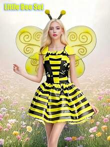 2PCS Beesuit - Women's Bee Wings + Bee Headband + Beehive Glasses And Yellow Ballet Dress, A Cute Halloween Beesuit, Suitable For Adults For Various Festivals, Small Animal Role-Playing Props
