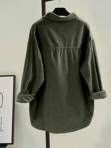 大码女装秋冬新款，纯色梭织面料，前开襟纽扣口袋衬衫，修身显瘦罗纹开衫，适合休闲、通勤、户外穿着，春季皆宜。 - 軍綠色 - 查看 2