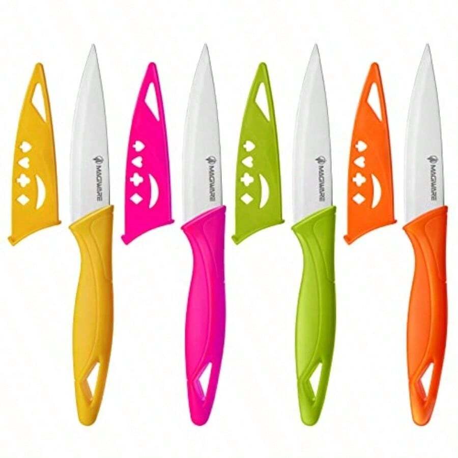 Paring Knife 8PCS Paring Knife Set With Cover Small Kitchen Vegetable Fruit Knives 3.5 Inch Ultra Sharp PP Handle - 彩虹粉紅橙色綠色黃色 - 查看 1