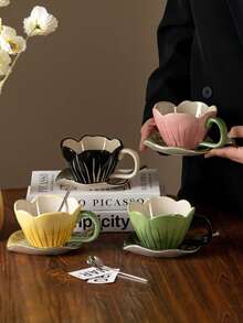 1 件浮雕郁金香设计陶瓷杯碟套装，创意个性化咖啡/拿铁杯套装，法式复古风格，高端精致女性礼物，母亲节返校礼物 - 彩色 - 查看 2