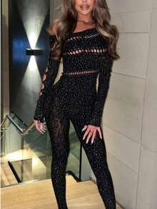 Sexy Sheer Mesh See-Through Elastic Elastic Jumpsuit Sheer Diamond One Piece Fishnet Bodysuit - 黑色 - 查看 3