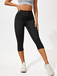 SHEIN Sports Quần legging thể thao cạp rộng có túi đựng điện thoại - màu đen - Xem 4