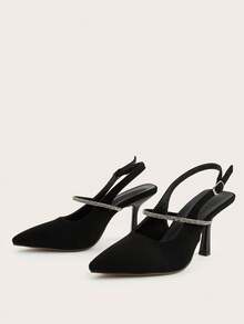 Schwarze Wildleder-Optik Pumps mit Strass-Dekor, Stilettoabsatz und Slingback, vielseitig für den täglichen Gebrauch, Bankette, Partys, modische Damenhochschuhe, Strass-Farbe und -Menge zufällig