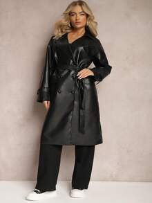 Imitation Leather Coat With Large Collar And Belt - Black - View 2