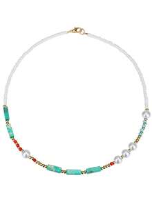 1pc Versatile Minimalist Bohemian Style Faux Turquoise & Pearl Beaded Necklace, Suitable For Men & Women, Elegant For Holidays, Parties, Daily Wear, Wonderful Gift For Halloween, Christmas, Thanksgiving