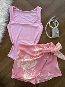 AMYLAN FASHION Women's Set Of Suplex Bodysuit + Skirt With Printed Shorts With Lining - 淺粉色 - 查看 1