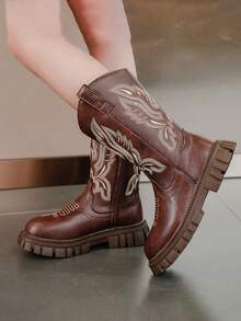 Autumn/Winter New Retro Embroidered Children High-Top Boots, Girls PU Kids Boots, Classic Zipper Boots, Fashionable Versatile Flat Boots Suitable For School