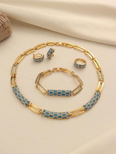 1 Set Vintage Copper Alloy Oil Drop Rhinestone Inlaid Snake Skin Pattern Earrings, Ring, Bracelet, Necklace Jewelry Set, Suitable For Women's Daily Wear