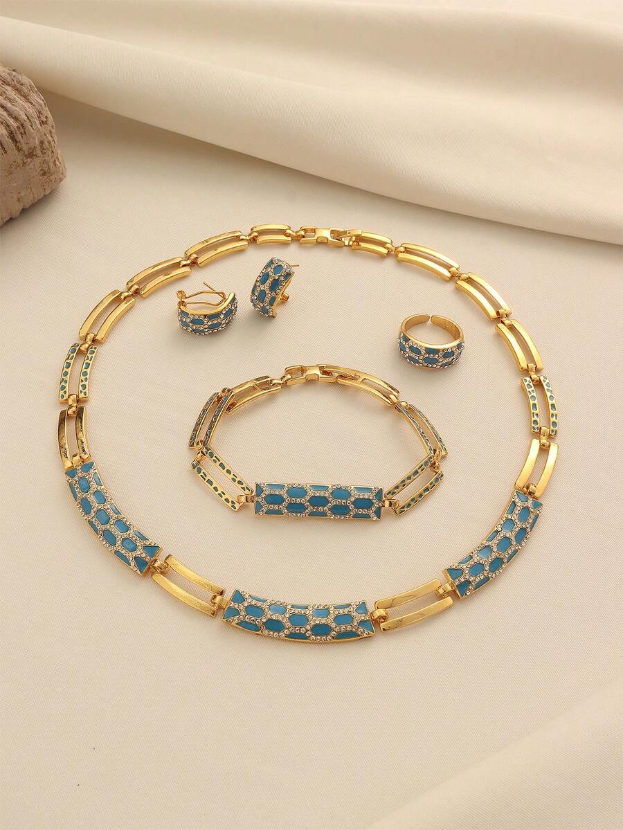 1 Set Vintage Copper Alloy Oil Drop Rhinestone Inlaid Snake Skin Pattern Earrings, Ring, Bracelet, Necklace Jewelry Set, Suitable For Women's Daily Wear