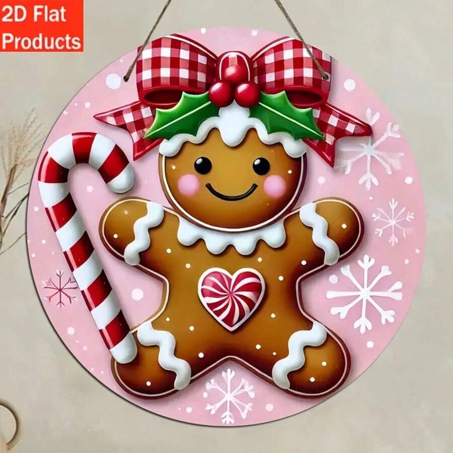 2D Flat, 2D Decorative Plaques And Ornaments, 1pc Round Wooden Sign, Featuring Pink And Red Gingerbread Christmas Wreath, For Indoor And Outdoor Decoration Of Home, Bar Or Cafe, Ideal Holiday Gift For Christmas, Holiday Decor, Holiday Ornaments, Classic Design, Round Ornament, Handmade Sign, Wooden Decor, Decorative Wreath, Wall Hanging Decor, Bar Decor, Gift Buyers, 2D Flat Home Decor Christmas Decorations Room Decor