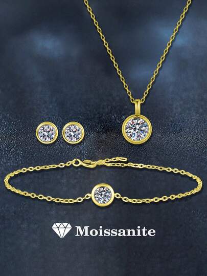 4pcs 925 Silver 2.5ct Moissanite Necklace, Bracelet, Ring Set, Elegant Fashion Jewelry Gift For Women, Suitable For Daily Wear, Party, Vacation, Wedding Anniversary