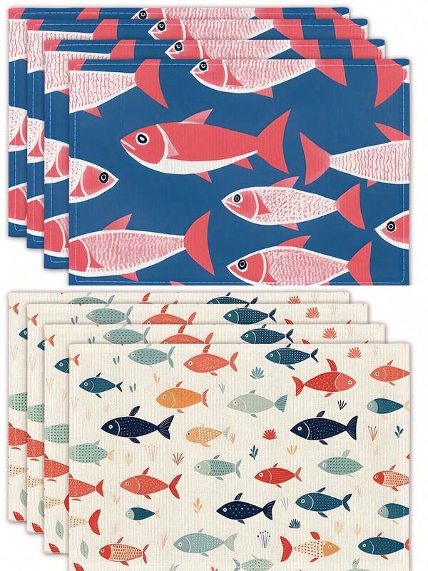 Sets de table, sets de table en lin avec motif de poissons joyeux, dessous de plats résistants à la chaleur, tapis alimentaires, fournitures de restaurant, décoration de restaurant, sets de table d'extérieur, tapis de pique-nique, cadeaux, sets de table pour les fêtes, convient pour les restaurants, la cuisine, l'extérieur, les pique-niques et les fêtes