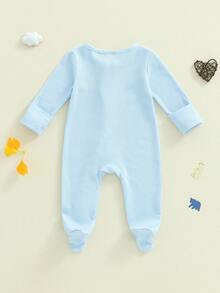 Newborn Baby Girl Boy Romper Crew Neck Long Sleeve Boots/Bear/Truck Print Fall Zipper Footed Jumpsuit - Blue - View 8