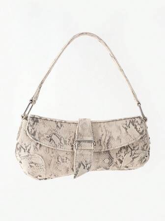 Animal Print Underarm Bag, Snake Print Rivet Motorcycle Style Shoulder Bag, Python Print Women's Handbag Casual Underarm Bag, Y2K Hobo Bag, Crescent Bag, Girly Street Style Holiday Gift, Party, Daily Wear, Work. Snake Print Beige Bag