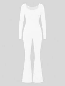 AiTyi 女士连体裤，休闲时尚性感宽松U领修身户外运动百搭款，适合毕业典礼、圣诞节、新年、感恩节、秋冬季穿着。弹力针织长袖喇叭裤连体裤，版型合身。 - 白 - 查看 4