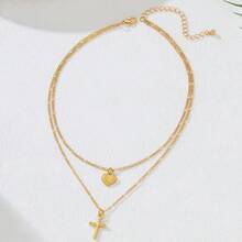 1 pieza Elegante collar de mujer con capas de corazón y cruz de moda, regalo (sin caja)