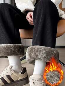 复古图案印花抽绳裤黑色冬季款 - 黑色 - 查看 2