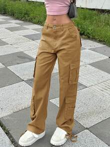 Low Waisted Denim Pants For Women - Mid Waist Loose Fit Work Pants With Drawstring Hem And Multiple Pockets, Casual Work Pants Suitable For Daily Wear - 卡其色 - 查看 2