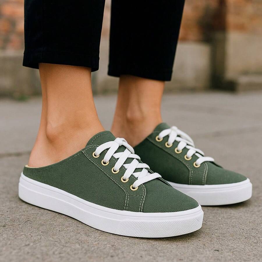 Women's Casual Mule Sneakers Flat Sole Lace-Up Comfortable Practical Versatile - 軍綠色 - 查看 1