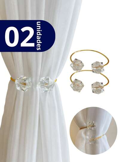 Kit 02 Prendedores de Cortina Aro dourado Com Cristal Quadrado Transparente