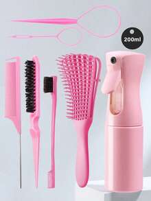 1/3/7件套美发造型梳套装，含200毫升喷雾瓶、编发圈、蓬松梳、尖尾梳、长尖尾梳、骨尖梳、分缝梳、染发梳、卷发梳、黑色卷发梳，适用于3a至4c卷曲的非洲裔发质，干/湿/浓密卷发均可使用，去除头皮堆积物，打造亮泽卷发（黑色、粉色、紫色）。 - 黑色 - 查看 2