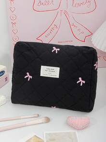 Bolsa de cosméticos con patrón de lazo bordado en rosa, bolsa de almacenamiento de cosméticos acolchada de espuma, bolsas de maquillaje de viaje lindas, bolsa de almacenamiento de artículos multifunción, bolsa de gran capacidad - Negro - Ver 17